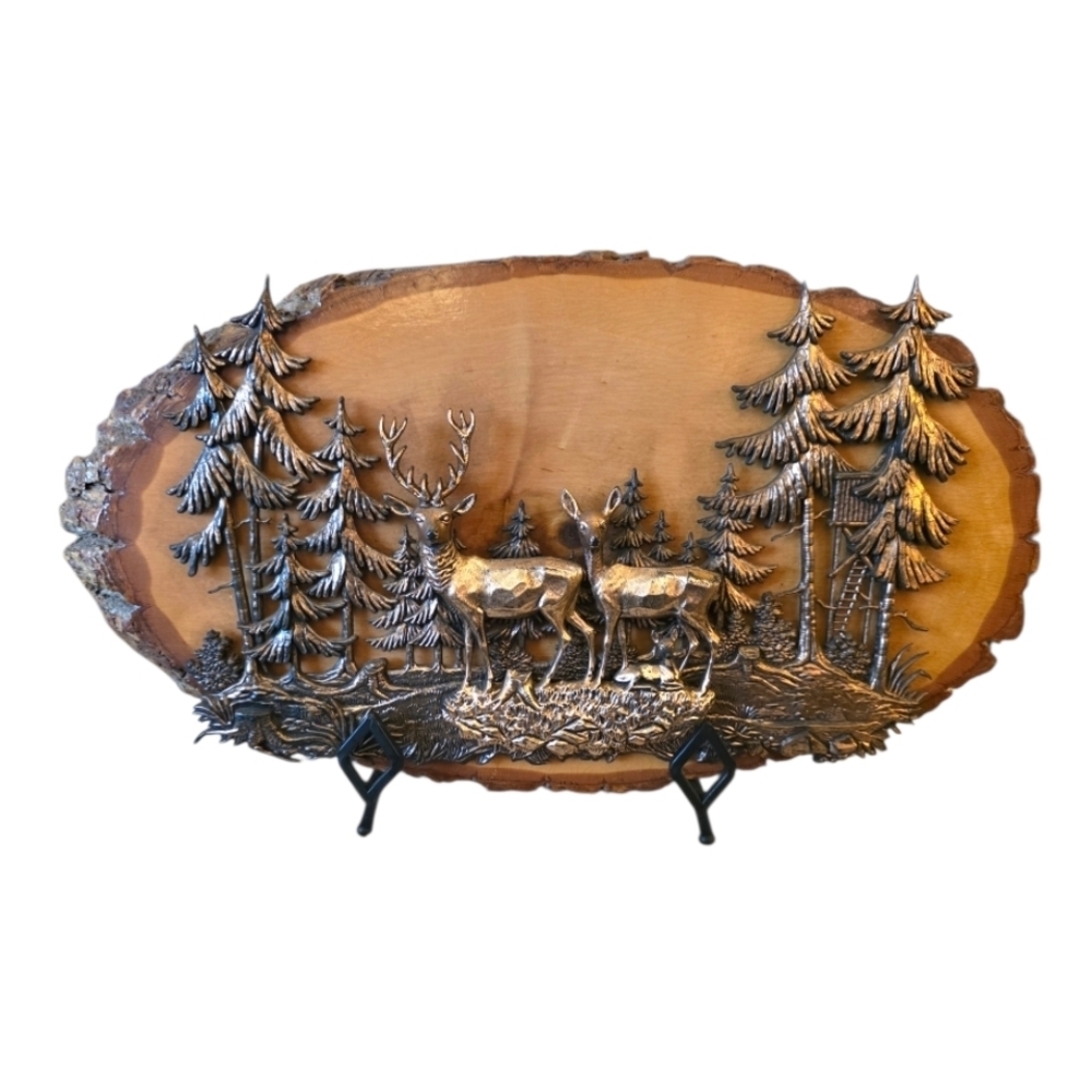 Woodland Scene 3D Metal Art Plaque Rustic Primitive Cabin Decor Deer In Woods